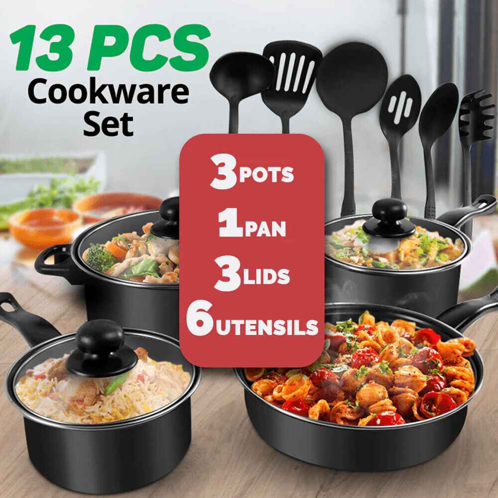 13pcs Cookware Set Pan Pot Non Stick Saucepans Frying Pan Cookware Set Glass Lid